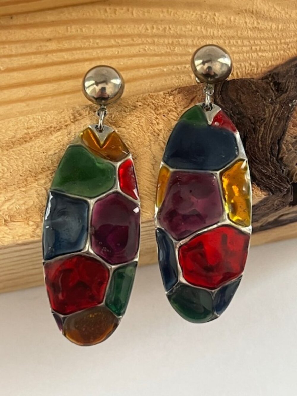Colorful Oval Drop Post Earrings Silver Tone